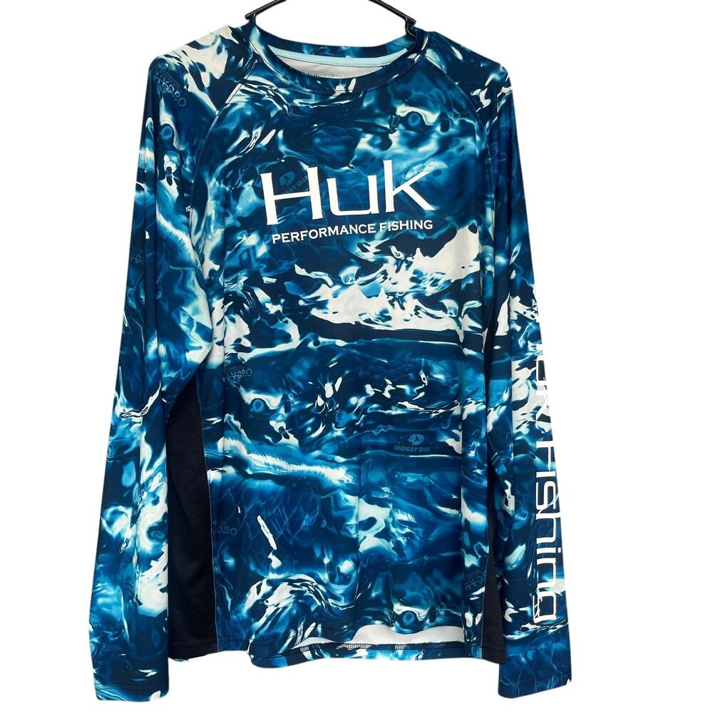 Huk Performance Fishing Shirt Mens Medium Blue Mossy Oak Hydro‎ Long Sleeve UPF